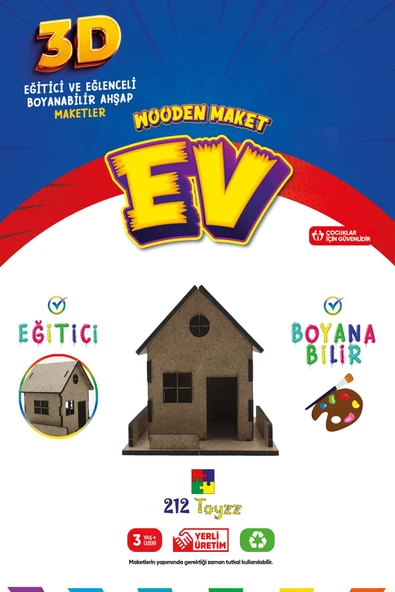 3D Boyanabilir Ahşap Ev Maketi - Çocuklar İçin Eğitici Oyuncak ürün görseli 1