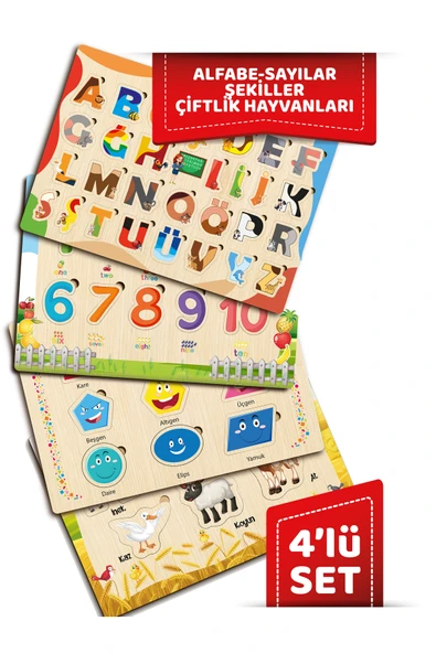 ahşap eğitici öğretici sevimli 4 LÜ SET ALFABE SAYILAR ŞEKİLLER ÇİFTLİK HAYVANLARI 4 LÜ ürün görseli 1