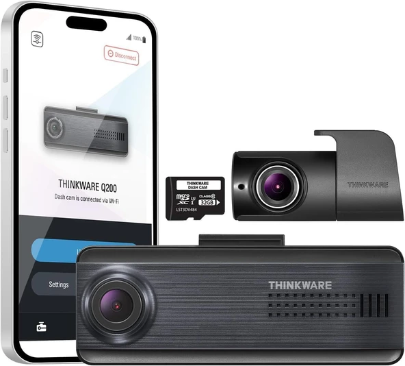 THINKWARE Q200 2CH Araç Kamerası 2K Ön, 1080P Arka, Araç İçi Kamera, WiFi, WDR, Hız ve Kırmızı Işık Uyarıları, ADAS, Maks. 256GB, Park İzleme, Gece Görüşü (32GB MicroSD, 12V Çakmak) ürün görseli 1