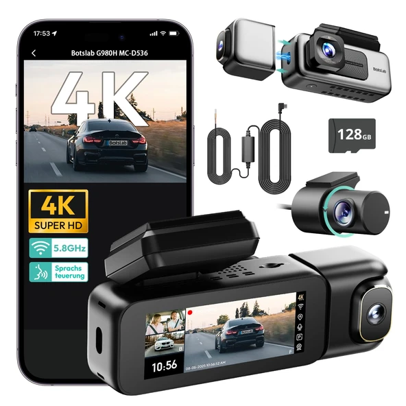 BOTSLAB 4K 3 Kanal Araç Kamerası Araç Ön Arka, Park İzleme ve 128 GB SD Kart, 3 Kanal 4K+1080P+1080P, GPS 5.8 GHz WiFi Araç Kamerası, 3,18", Süper Gece Görüşü, WDR, Sesli Komut, G-Sensor, Döngü Kayıt ürün görseli 1