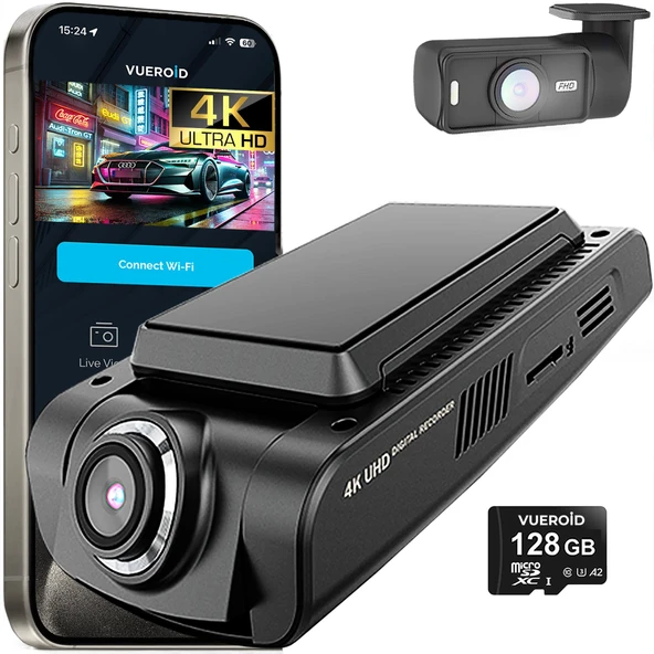 Vueroid D21 4K 2CH Dashcam, Çift Kanallı Gözetleme, Ultra HD Ön Kamera, 128GB HDR WiFi Hızlandırılmış Çift Kamera GPS Gece Görüşü ürün görseli 1