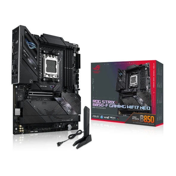 ASUS ROG Strix B850-F GAMING WIFI7 NEO, AMD ATX anakart, 16+2+2 performans seviyeleri, DDR5 yuvaları, dört M.2 yuvası, PCIe? 5.0, üç USB 2.0 başlığı, USB 20Gbps Type-C™, WiFi 7, Realtek 5G ve ürün görseli 1