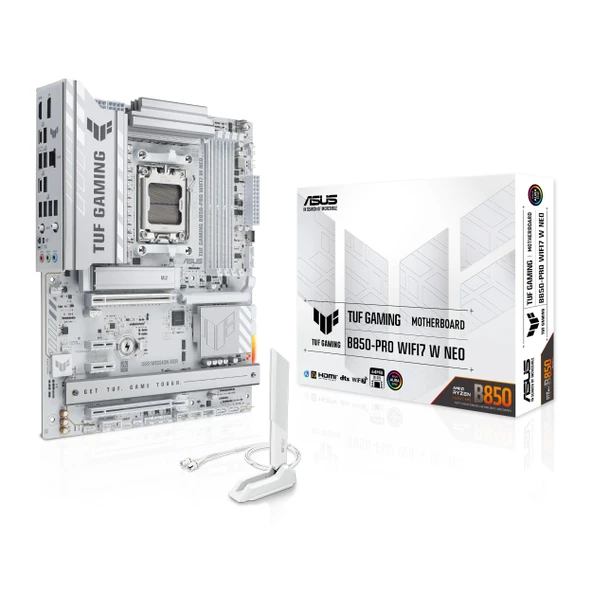ASUS TUF Gaming B850-PRO WIFI7W NEO AMD ATX anakart, 14+2+1 performans seviyeleri, AEMP'li DDR5, ÜÇ M.2 yuvası, yeni nesil GPU'lar için PCIe 5.0, 2,5 Gb Ethernet, 64 MB BIOS ve AI Soğutma II ürün görseli 1