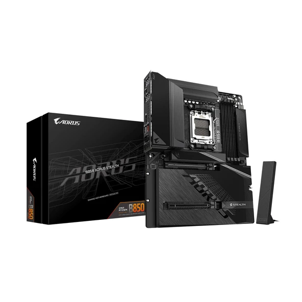 GIGABYTE B850 AORUS Stealth AMD AM5 ATX anakart, AMD Ryzen 9000/8000/7000 Serisi işlemcileri destekler, DDR5, 14+2+2 Güç Fazlı, 4X M.2, PCIe 5.0, USB-C, WIFI7, 5GbE LAN, EZ-Latch, 5 yıl ürün görseli 1