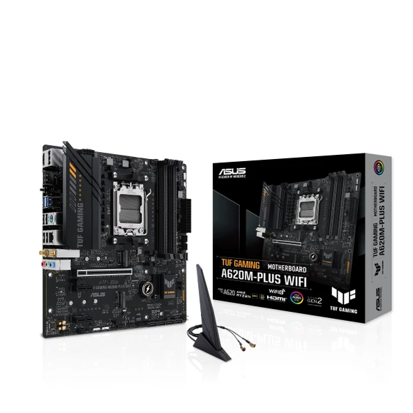 ASUS TUF Gaming A620M-PLUS (WiFi) AMD AM5 (Ryzen 7000) microATX oyun anakartı (DDR5, PCIe 4.0, 2 x M.2 yuva, 2,5 GB LAN, Wi-Fi6, 2 x DisplayPort, HDMI, ön USB 3.2 Gen 1 Tip-C, BIOS ürün görseli 1