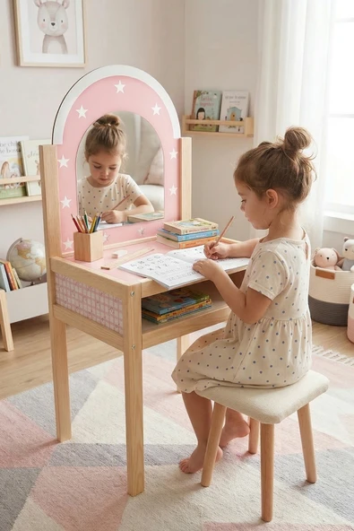 Çocuklar İçin Ahşap Makyaj Masası, Pleksi Aynalı Ve Taburesi ürün görseli 1