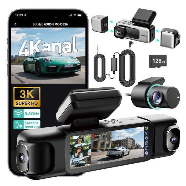 BOTSLAB araba kamerası park izleme özellikli 4 kanal, GPS'li 360° araç kamerası, 5,8 GHz WiFi, 3,18" IPS ekran, süper gece görüşü, WDR, G-sensor, döngü kaydı, 128 GB SD kart dahil ürün görseli 1