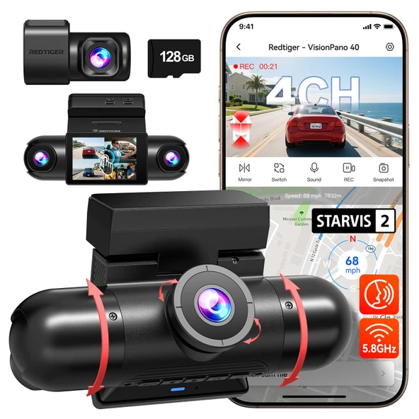 REDTIGER 4 Kanallı 360° Araç Kamerası, Çift STARVIS 2.2.5K*2+1080P*2 Ön ve Arka İç Sol ve Sağ, 5,8 GHz WiFi, Gece Görüşü için 8 IR Işık, 4 Ayarlanabilir Lens, 128 GB Kart (VP40) ürün görseli 1