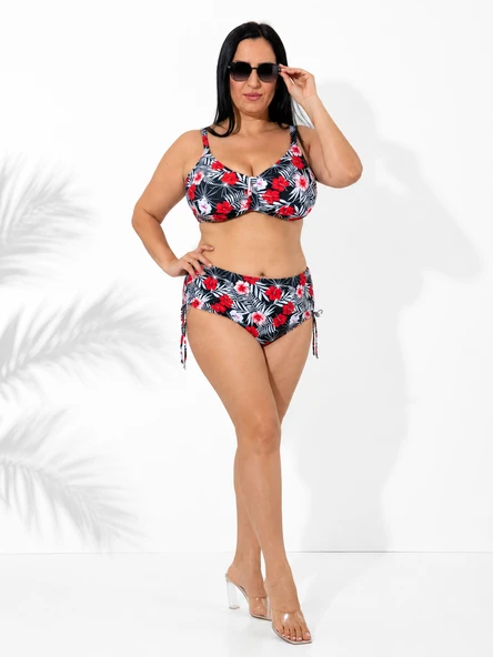 Büyük Beden Kırmızı Çiçek Desenli Tül Detaylı Kapsız Telli Yüksek Bel Kadın Bikini Takım ürün görseli 1