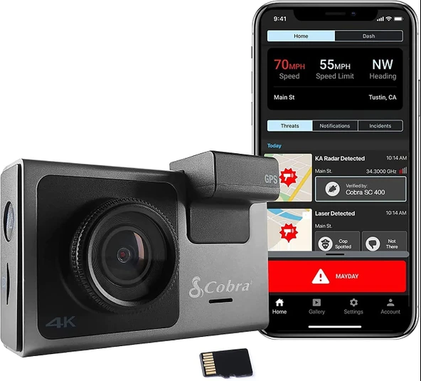 Cobra Smart Dashcam SC 400 - 4K UHD çözünürlük, entegre Wi-Fi ve GPS, yerleşik Alexa, acil durum MayDay işlevi, Drive Smarter uygulaması, 3" dokunmatik ekran, 16 GB SD kart dahil ürün görseli 1