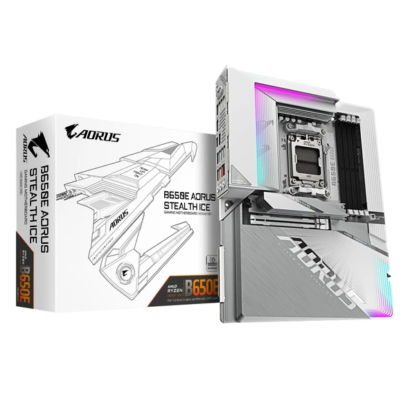 GIGABYTE B650E AORUS Stealth Ice Arka Konektörü Beyaz Tahta AMD Ryzen 9000/8000/7000 Serisi İşlemcilerle Uyumlu Soket AM5 DDR5 ATX Anakart B650E A Stealth Ice MB6539 ürün görseli 1