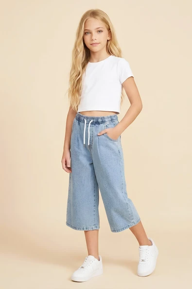 Kız Çocuk Beli Lastikli Ve Kordonlu Kapri Jean Pantolon 5-15 Yaş 12719SK ürün görseli 1