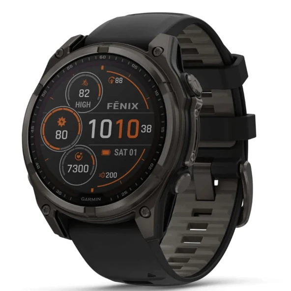 Garmin Fenix ​​​​8-47 mm, AMOLED, safir, karbon grisi, siyah/çakıl grisi silikonlu DLC titanyum ürün görseli 1