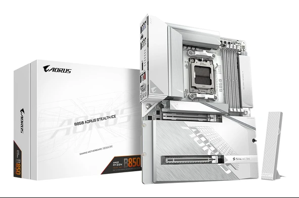 GIGABYTE B850 AORUS Stealth Ice anakart - AMD Ryzen 9000 serisi CPU'ları, dijital 14+2+2 fazlı VRM'yi, 8200 MHz'e kadar DDR5 (OC), 2 x PCIe 5.0 + 2 x PCIe 4.0 M.2, Wi-Fi 7, 5 GbE LAN'ı destekler ürün görseli 1