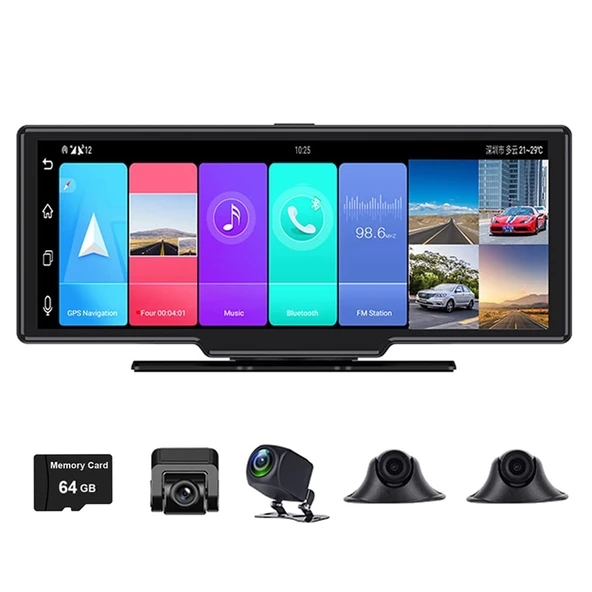 4G Android Araç İçi Kamera Merkezi Konsol 4 Kamera 360 Derece Panoramik Kayıt 10 İnç IPS Dokunmatik Geniş Ekran Kontrol Paneli DVR GPS Navi ADAS Bluetooth APP Uzaktan Canlı ürün görseli 1