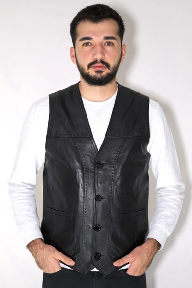 Hakiki Deri Erkek Siyah Punto Dikişli Deri Yelek ürün görseli 1