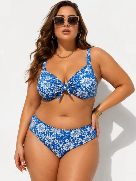 Büyük Beden Sabit Kaplı Simli Desenli Ayarlanabilir Askılı Bağlama Detaylı Destekli Kadın Bikini Takım ürün görseli 1