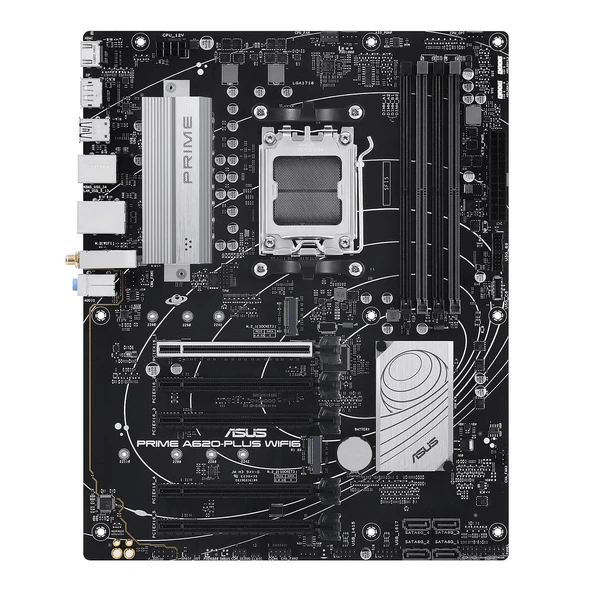 Prime A620-PLUS WIFI6 AMD A620 AM5 ATX anakart, DDR5, PCIe 4.0, çift M.2 yuvası, WiFi 6, DisplayPort/HDMI™, Arka ve Ön USB 5Gbps Type-C®, SATA 6 Gbps, İki Yönlü AI Gürültü Engelleme, Aura Sync ürün görseli 1