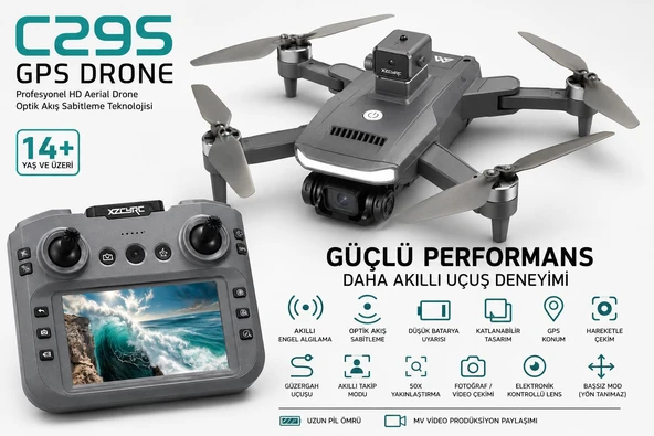 C29S GPS DRONE EKRANLI KUMANDA ÖZEL ÖANTALI LED IŞIKLI 360 DERECE ENGEL ALGILAMALI PROFESYONEL HD HAVA DRONU ELEKTİRİKLİ LENS 50X ZOOM FIRÇASIZ MOTOR KATLANABİLİR TASARIMI ürün görseli 1