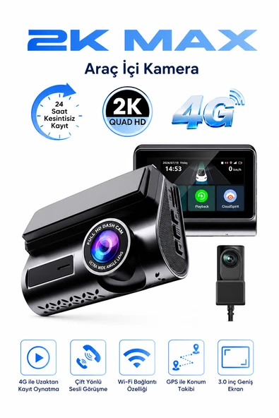 Bagajon 2K Max Araç İçi Kamera 4G Çift Kameralı WiFi GPS Uzaktan Canlı İzleme Gece Görüşlü G-Sensör 24 Saat Park Modu ürün görseli 1