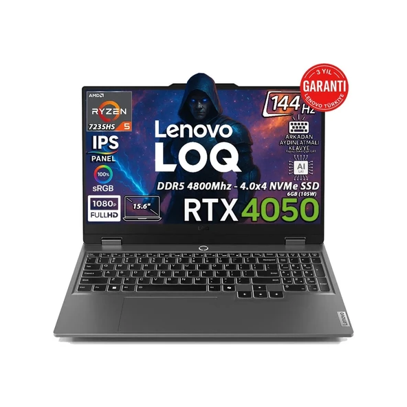 LOQ AMD Ryzen 5 7235HS 16GB 512GB SSD RTX4050 Freedos 15.6" FHD 144Hz Oyuncu Taşınabilir Bilgisayar 83JC00H4TR ürün görseli 1