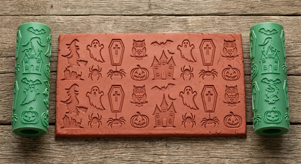 Model 096 - Halloween Deboss & Emboss İkili Set - Polimer Kil Seramik Çamuru Doku Oklavası ürün görseli 1