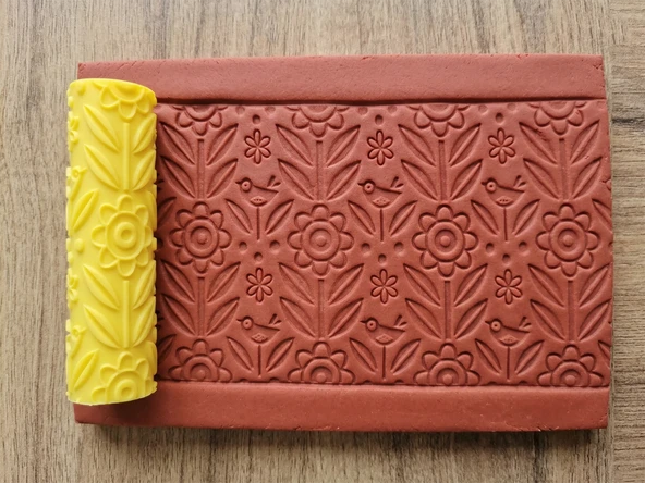 Model 051 - Çiçek Deseni Deboss & Emboss İkili Set - Polimer Kil Seramik Çamuru Doku Oklavası ürün görseli 1