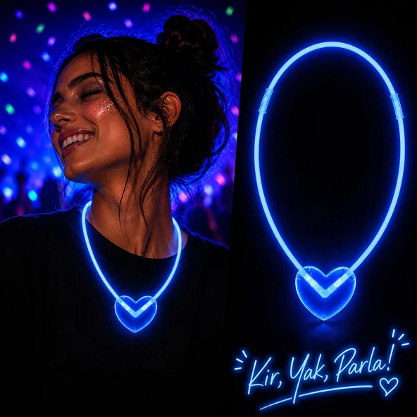 Neon Işıklı Fosforlu Kalp Parti Kolyesi Mavi Renk ürün görseli 1