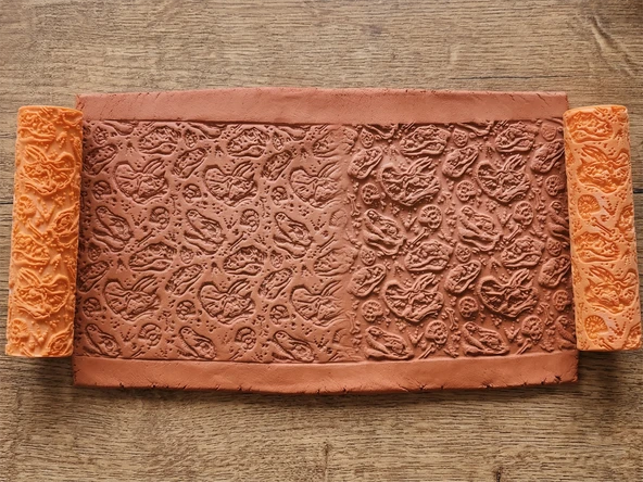 Model 078- Çiçek Deseni Deboss & Emboss İkili Set - Polimer Kil Seramik Çamuru Doku Oklavası ürün görseli 1