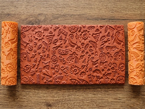 Model 082- Aztek Maya Motifleri Deboss & Emboss İkili Set - Polimer Kil Seramik Çamuru Doku Oklavası ürün görseli 1