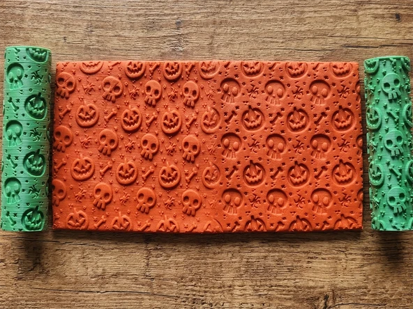 Model 087 - Halloween Deboss & Emboss İkili Set - Polimer Kil Seramik Çamuru Doku Oklavası ürün görseli 1