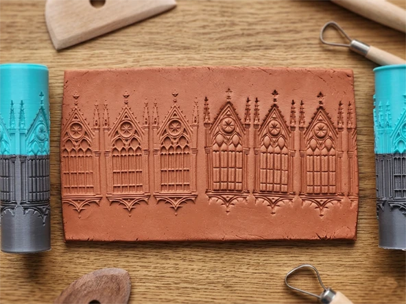 Model 205 - Gothic Katedral - Deboss & Emboss İkili Set - Polimer Kil Seramik Çamuru Doku Oklavası ürün görseli 1
