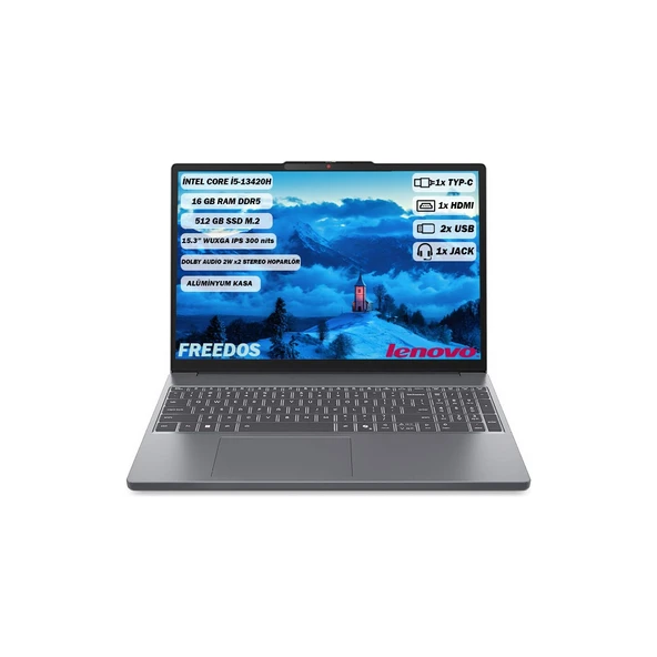 IdeaPad Slim 3 Intel Core i5 13420H 16GB 512GB SSD Freedos 15.3" Taşınabilir Bilgisayar 83K1003MTR ürün görseli 1
