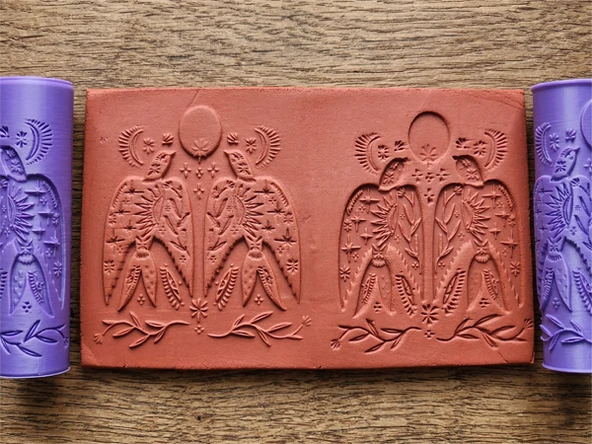Model 235 - Boho Kuşları - Deboss & Emboss İkili Set - Polimer Kil Seramik Çamuru Doku Oklavası ürün görseli 1