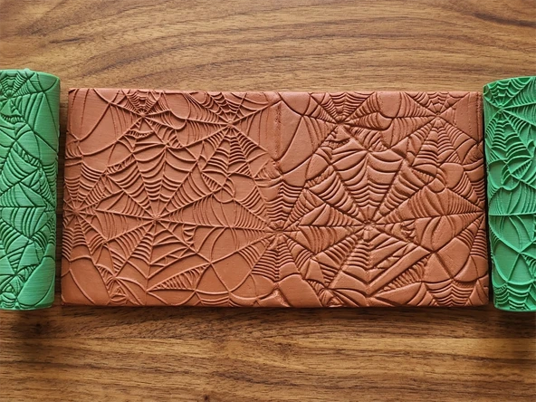 Model 093 - Örümcek Ağı Deseni Deboss & Emboss İkili Set - Polimer Kil Seramik Çamuru Doku Oklavası ürün görseli 1
