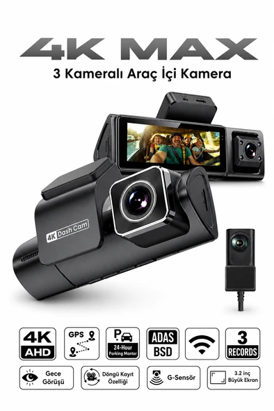 Bagajon 3 Kameralı Yapay Zekâ Destekli 4K Araç İçi Kamera | Ön İç Arka Kamera WiFi GPS ADAS 24 Saat Park Modu Gece Görüşlü ürün görseli 1