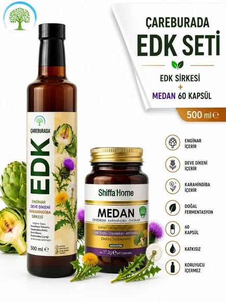 ÇareBurada EDK Sirke 500 ml & ShiffaHome Medan 60 Kapsül, Enginar, Devedikeni, Karahindiba ürün görseli 1