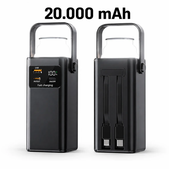 20.000 mAh Powerbank Kamp Lambası Dahili USB-C & Lightning Kablolu Dijital Göstergeli PD Hızlı Şarj Taşınabilir ürün görseli 1