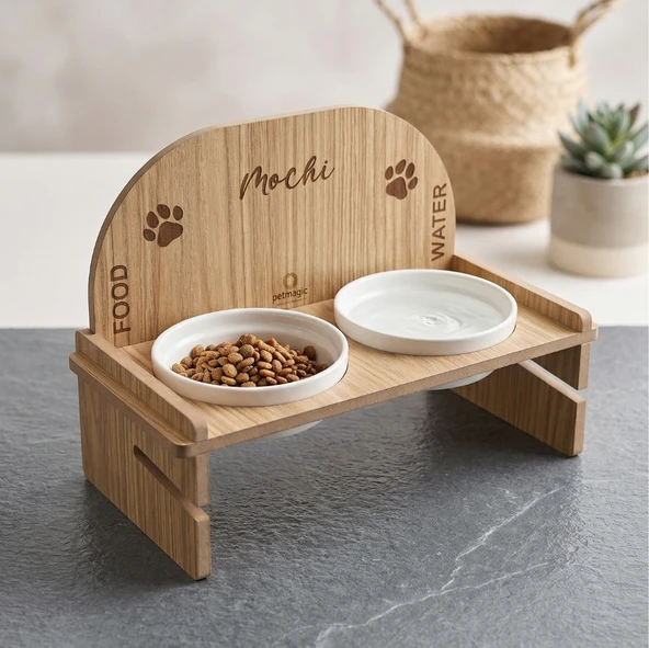 İsme Özel, İkili Ahşap Standlı, Seramik Kaseli, Yükseltilmiş Eğimli Tasarım Kedi Köpek Mama, Su Kabı ürün görseli 1