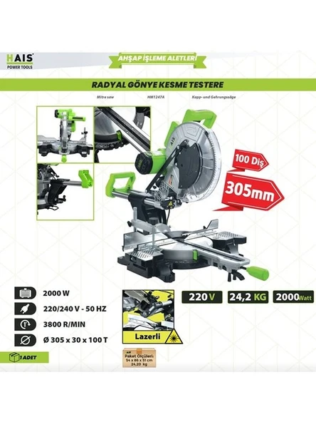 Gönye Kesme Makinası Kızaklı 300 Mm 2000 Watt Hais ürün görseli 1