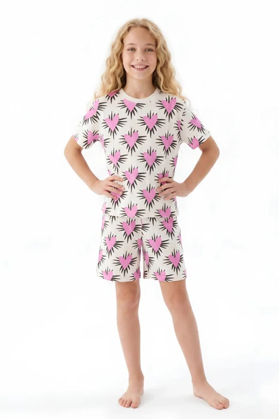 Kız Çocuk %100 Pamuk Ve Şortlu Pijama Takımı 8-13 Yaş 12721IS ürün görseli 1