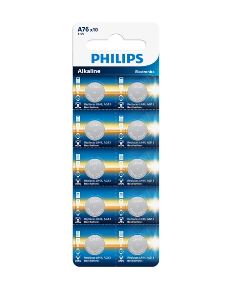 Philips A76 1.5V Alkalin Düğme Pil, Saat ve Kumanda Pili - LR44 - AG13 Muadili - A76P10B/10 - 10'lu Paket ürün görseli 1