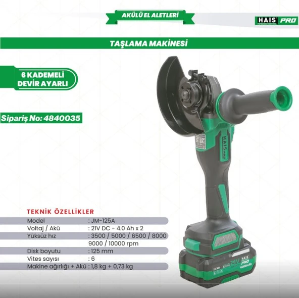 Akülü Taşlama Mak.1000W 21V 4.0Ah Jm-125A Haispro ürün görseli 1