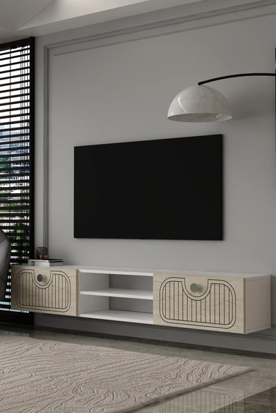 180DHDTDAR3BTG HERA LAZER DESENLİ DUVARA MONTE TV SEHPASI,ÜNİTESİ BEYAZ-TRAVERTEN-GÜMÜŞ ürün görseli 1