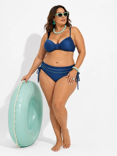 Büyük Beden Balenli Straplez Kesim Sabit Pedli Ayarlanabilir İp Askılı Toparlayıcı İp Büzgülü Yüksek Bel Kadın Bikini Takım ürün görseli 1