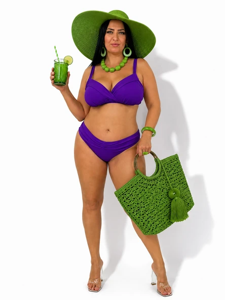 Büyük Beden Sabit Pedli Çapraz Detaylı Toparlayıcı Yüksek Bel Kadın Bikini Takım ürün görseli 1