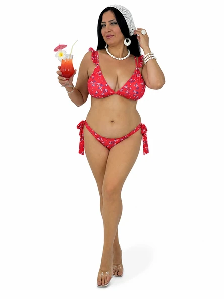 Büyük Beden Desenli Fırfır Askılı Uzun Üçgen Yandan Bağlamalı Kadın Bikini Takım ürün görseli 1