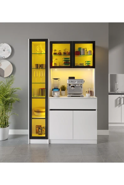 GuneyStore Moon Midi Sol Vitrinli Kahve Köşesi Komple MDF LED Mutfak Dolabı ürün görseli 1
