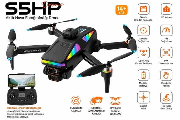 S5HP DRONE AKILLI HAVA FOTOĞRAFÇILIĞI DRON 4K HD ÇİFT KAMERA 360 DERECE ENGEL ALGILAMA 50XZOOM USB KART OKUYUCU+ MİCRO SD KART HEDİYE ürün görseli 1