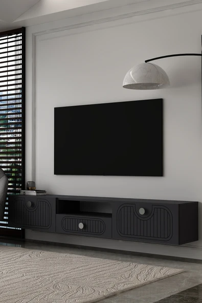 180DHDTDAÇ3AG HERA LAZER DESENLİ DUVARA MONTE TV SEHPASI,ÜNİTESİ ANTRASİT-GÜMÜŞ ürün görseli 1
